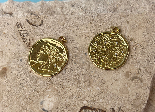Medusa Hera Goddess Design Medallion Charms for Necklace Jewelry Making, 18K Gold Filled Charm Pendant With CZ Crystals, One Piece #CR0058