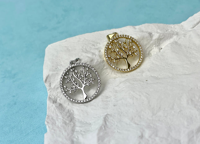 Tree Medallion Charms for Necklace Jewelry Making, 18K Gold Filled Charm Medallion Pendant With CZ Crystals, One Piece #CR0059