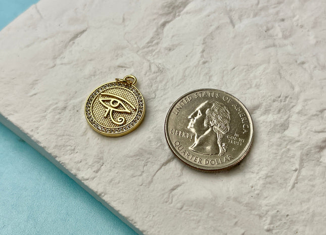 Egyptian Eye Circular Charm for Necklace Jewelry Making, 18K Gold Filled Charm Antique Medallion Pendant With CZ, One Piece #CR0060