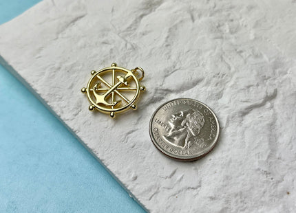 Anchor Ship Wheel Medallion Charm for Necklace Jewelry Making, 18K Gold Filled Charm Pendant, Antique Charm, One Piece #CR0062