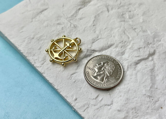 Anchor Ship Wheel Medallion Charm for Necklace Jewelry Making, 18K Gold Filled Charm Pendant, Antique Charm, One Piece #CR0062