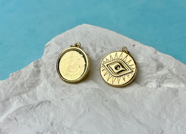 Evil Eye Design Medallion Charm for Necklace Jewelry Making, 18K Gold Filled Charm Pendant, Antique Charm, One Piece #CR0063