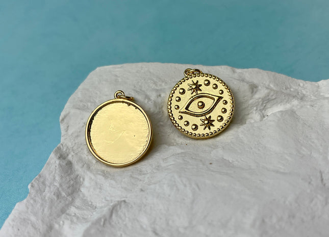 Evil Eye and Star Design Medallion Charm for Necklace Jewelry Making, 18K Gold Filled Charm Pendant, Antique Charm, One Piece #CR0064