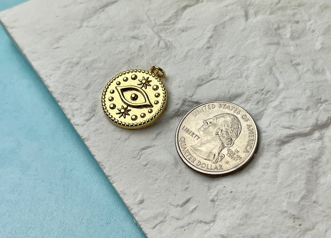 Evil Eye and Star Design Medallion Charm for Necklace Jewelry Making, 18K Gold Filled Charm Pendant, Antique Charm, One Piece #CR0064