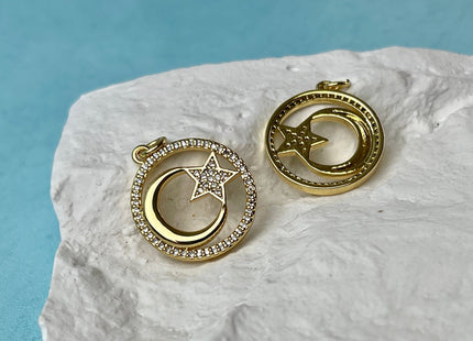 Star Crescent Moon Design Medallion Charms for Necklace Jewelry Making, 18K Gold Filled Charm Medallion Pendant With CZ, One Piece #CR0066
