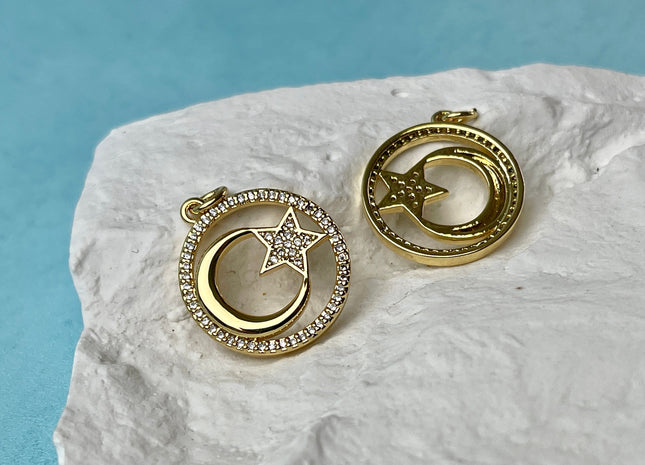 Star Crescent Moon Design Medallion Charms for Necklace Jewelry Making, 18K Gold Filled Charm Medallion Pendant With CZ, One Piece #CR0066