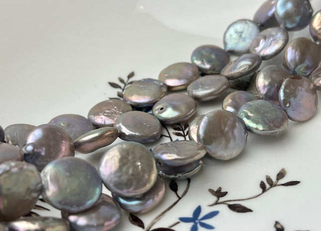 12 mm Champagne Gray Color Flat Coin Freshwater Pearl Beads Genuine Champagne Gray Freshwater Coin Pearls #1547
