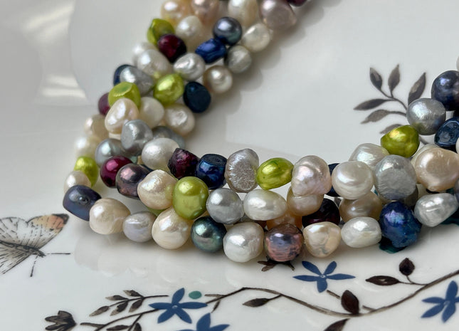 7-8 Multi Color Freshwater Pearl Beads Genuine Mixed White Blue Green Gray Red Peacock Color Potato Nugget Pearls #P2391