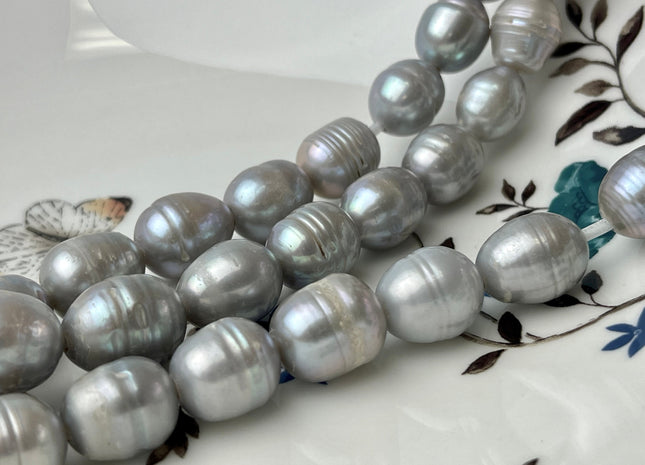 11-12x13-15 mm Large Hole Silver and Natural White Freshwater Pearl Beads Rice/Oval Shape Hole Size 2.2 m Big Size Pearl W/Large Hole #1435