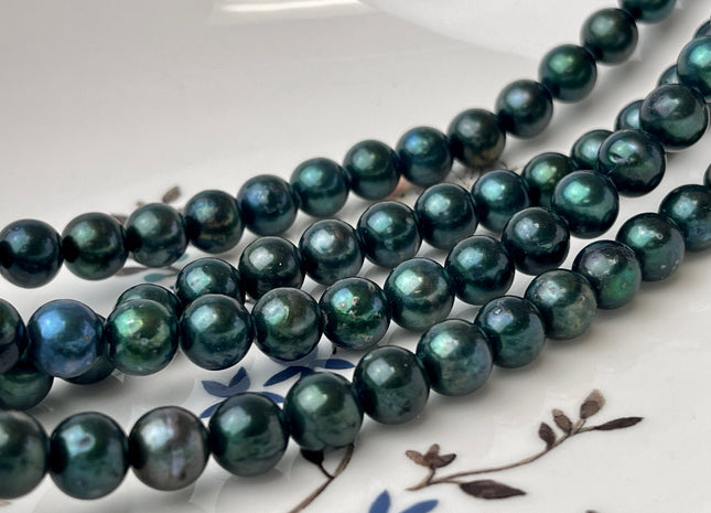 7.5-8mm AAA Ultra Dark Sacramento Green Color Round Freshwater Pearl Beads Genuine Freshwater Pearl 50 Beads #P2409