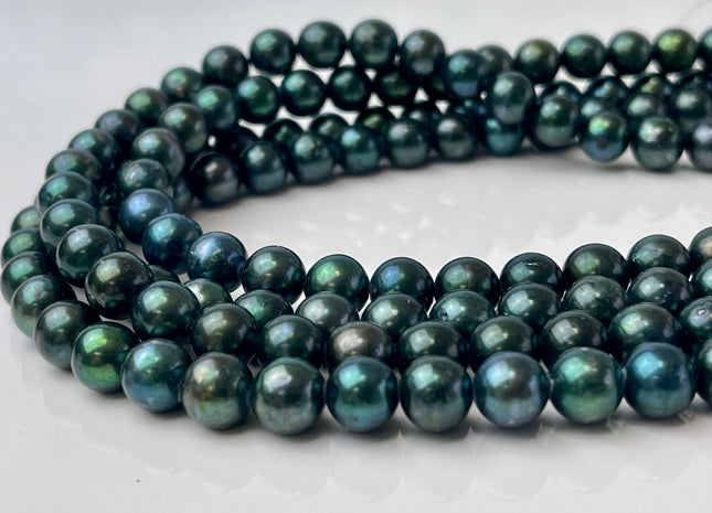 7.5-8mm AAA Ultra Dark Sacramento Green Color Round Freshwater Pearl Beads Genuine Freshwater Pearl 50 Beads #P2409