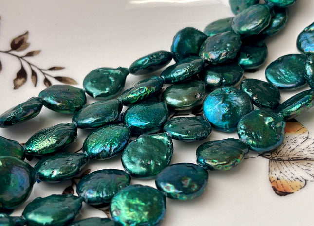 12-13mm AA Dark Sacramento Green Freshwater Coin Pearl Beads Genuine Green Color Freshwater Round Coin Pearl 28 Beads #P2404
