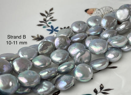 10-12 mm AAA High Luster Silver Gray Flat Coin Freshwater Pearl Genuine Round Coin Pearl Beads #P2400