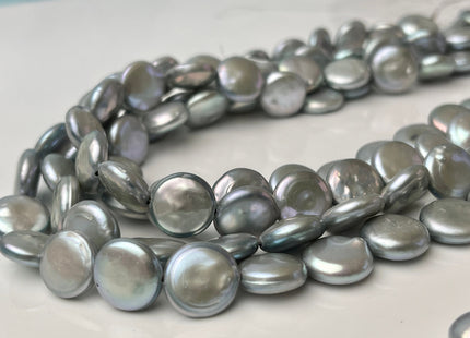 10-12 mm AAA High Luster Silver Gray Flat Coin Freshwater Pearl Genuine Round Coin Pearl Beads #P2400