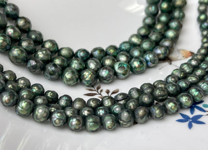 8-8.5 mm Rare Faceted Potato/Semi Round Freshwater Pearl Beads Olive Green, Limited Edition Genuine Faceted Cultured Pearls #354