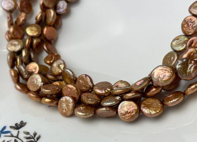 9 mm AAA Copper Brown Color Flat Coin Freshwater Pearl Beads Genuine Freshwater Round Coin Pearls 40 Beads #P2418