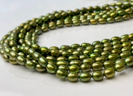 5-6x7-8 AA Olive Green With Gold Sheen Color Rice/Oval Freshwater Pearl Beads Genuine Smooth And Shiny Tiny Seed Beads #P2432