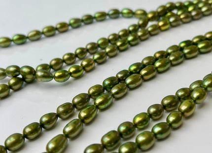 5-6x7-8 AA Olive Green With Gold Sheen Color Rice/Oval Freshwater Pearl Beads Genuine Smooth And Shiny Tiny Seed Beads #P2432