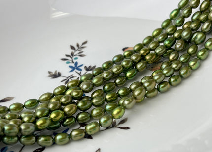 5-6x7-8 AA Olive Green With Gold Sheen Color Rice/Oval Freshwater Pearl Beads Genuine Smooth And Shiny Tiny Seed Beads #P2432