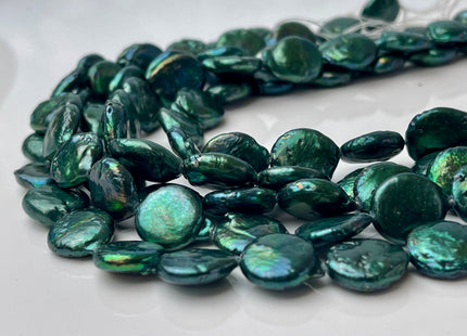 12-13mm AA Dark Sacramento Green Freshwater Coin Pearl Beads Genuine Green Color Freshwater Round Coin Pearl 28 Beads #P2404