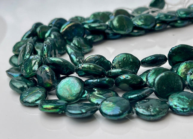 12-13mm AA Dark Sacramento Green Freshwater Coin Pearl Beads Genuine Green Color Freshwater Round Coin Pearl 28 Beads #P2404