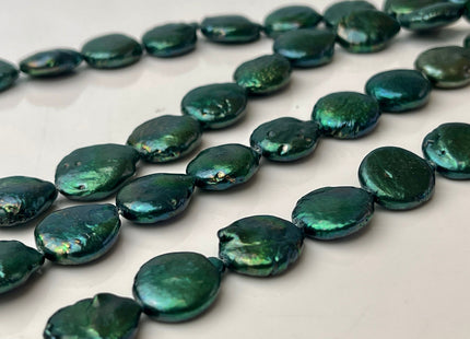 12-13mm AA Dark Sacramento Green Freshwater Coin Pearl Beads Genuine Green Color Freshwater Round Coin Pearl 28 Beads #P2404