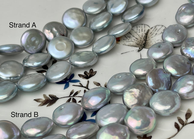 10-12 mm AAA High Luster Silver Gray Flat Coin Freshwater Pearl Genuine Round Coin Pearl Beads #P2400