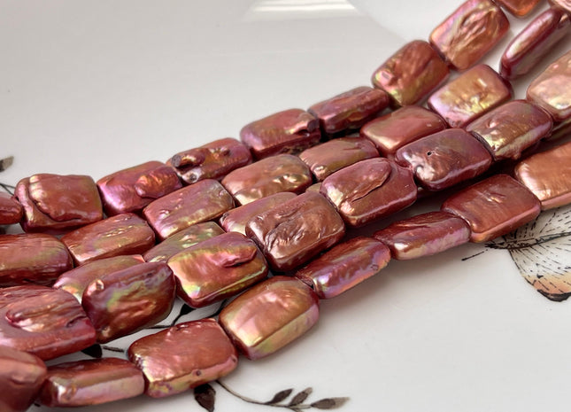 10x14-15 mm AA Strawberry Pink W/Gold Sheen Color Rectangle Coin Freshwater Pearl Beads Genuine Freshwater Pearl 29 Beads #P2402