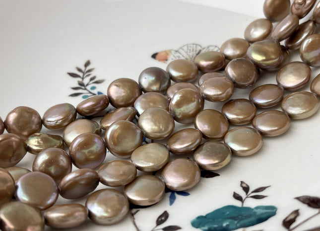 11 mm AA Taupe Champagne Color Flat Coin Freshwater Pearl Beads Genuine Champagne Color Freshwater Coin Pearls 30 Pieces #P1164