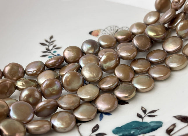 11 mm AA Taupe Champagne Color Flat Coin Freshwater Pearl Beads Genuine Champagne Color Freshwater Coin Pearls 30 Pieces #P1164