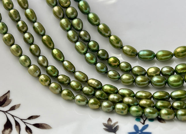 5-6x7-8 AA Olive Green With Gold Sheen Color Rice/Oval Freshwater Pearl Beads Genuine Smooth And Shiny Tiny Seed Beads #P2432