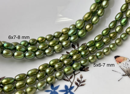 5-6x7-8 AA Olive Green With Gold Sheen Color Rice/Oval Freshwater Pearl Beads Genuine Smooth And Shiny Tiny Seed Beads #P2432