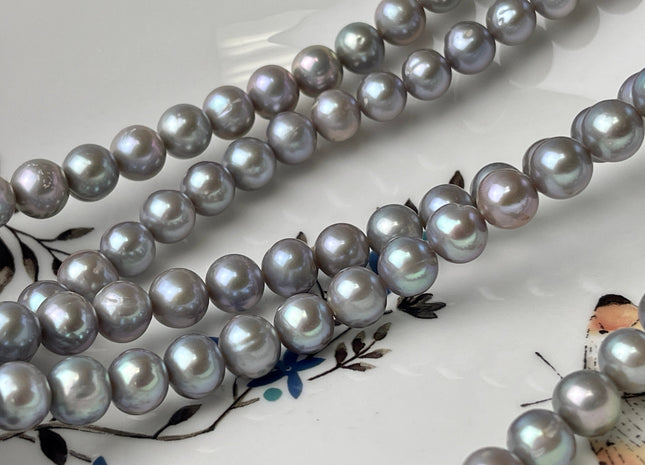 7.5-8.5 mm AAA Pinkish Gray Color Near Round Freshwater Pearl Beads Genuine High Luster Gray Freshwater Pearl 54 Beads #P2437
