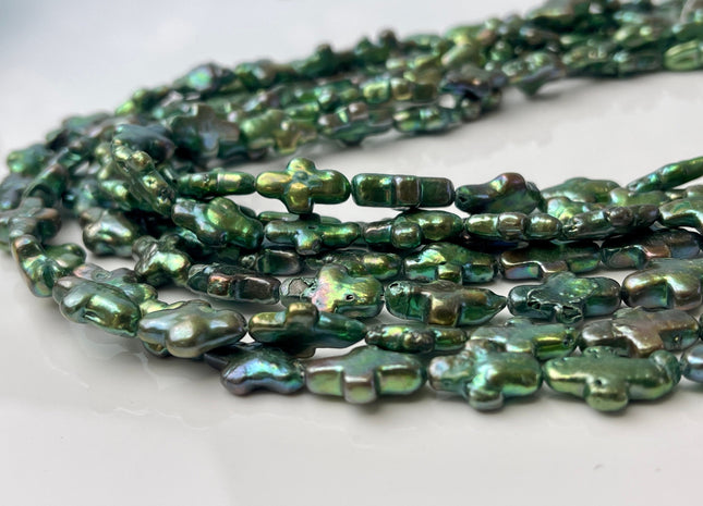 10x15mm Sage Green Cross Coin Freshwater Pearl Beads Genuine High Luster Green With Sheen Cross Pearl 28 Beads B Grade #P2441
