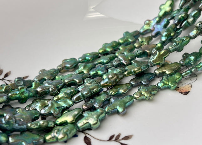 10x15mm Sage Green Cross Coin Freshwater Pearl Beads Genuine High Luster Green With Sheen Cross Pearl 28 Beads B Grade #P2441