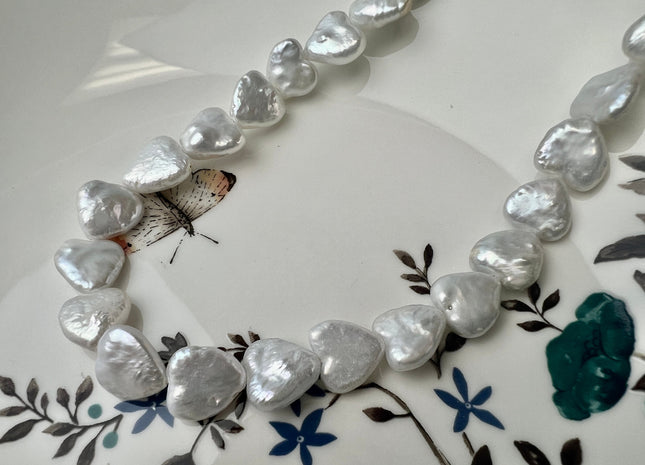 12-14 mm AA Very Rare Natural White Heart Shape Freshwater Coin Pearl Beads Genuine High Luster Heart Coin Pearls 34 Beads #P2447