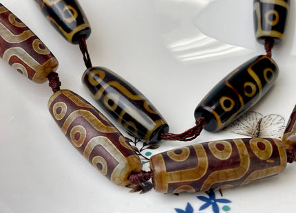 One Piece 15x40 mm AAA DZI Tibetan Agate Brown Color Agate Gemstone Large 2.0mm Hole Mala Antique Boho Beads 1.5 Inch Long #4399