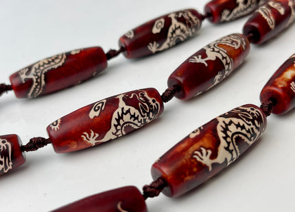 One Piece 15x40 mm AAA DZI Tibetan Agate Red Dragon Agate Gemstone Large 2.0mm Hole Mala Antique Boho Barrel Beads 1.5 Inch Long #4400