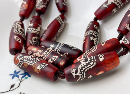 One Piece 15x40 mm AAA DZI Tibetan Agate Red Dragon Agate Gemstone Large 2.0mm Hole Mala Antique Boho Barrel Beads 1.5 Inch Long #4400