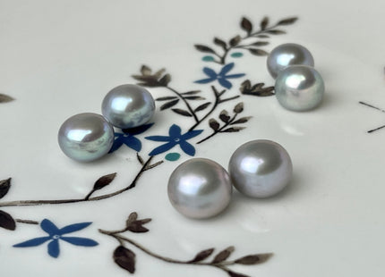 AAAA One Pair 6-8 mm Top Quality High Luster Round Button Half Drilled Freshwater Pearls Genuine Gray Color Freshwater Pearls #1623
