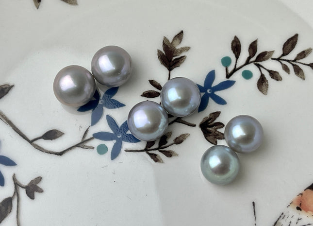 AAAA One Pair 8-12 mm Top Quality High Luster Round Button Half Drilled Freshwater Pearls Genuine Gray Color Freshwater Pearls #1624