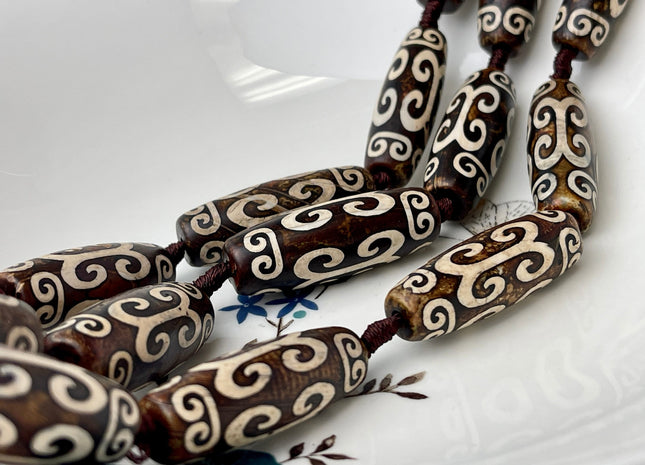 One Piece 15x40 mm AAA DZI Tibetan Agate Brown Color Gemstone Large 2.0mm Hole Mala Antique Boho Beads 1.5 Inch Long #4402