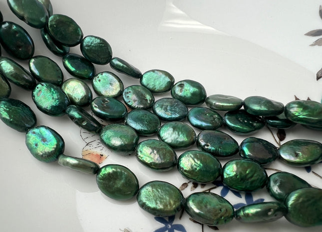 10x12-13 mm Bright Green Freshwater Oval Coin Pearl Beads Genuine Freshwater Coin Pearl 30 Beads #67