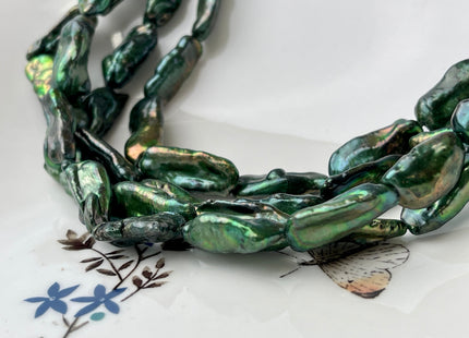9-10x18-20 mm AA Olive Green Color W/Copper Sheen Biwa Stick Freshwater Pearl Beads #P2458