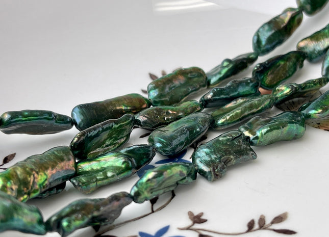 9-10x18-20 mm AA Olive Green Color W/Copper Sheen Biwa Stick Freshwater Pearl Beads #P2458