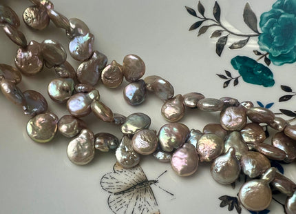 10-11 x 12-13 mm Top Drilled Teardrop Coin Freshwater Pearl Beads Silver Gray OR Champagne, Genuine Cultured Coin Pearl Beads #583