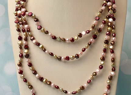 72 Inches 6-7 mm Mixed Pink champagne Red Color Genuine Freshwater Pearl Necklaces Hand Knotted Long Necklaces #P2461