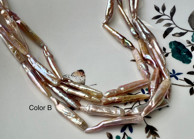 5-6x25 mm AA Natural Mauve Pink Biwa Stick Freshwater Pearls Genuine Natural Long Stick CoinPearls Freshwater Pearl Beads #P2463