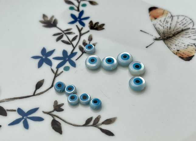 5 Pieces 4mm 6mm 8mm 10mm Blue Evil Eye Round Shape Natural Mother of Pearl Evil Eye Beads Genuine MOP Gemstones Loose Beads #4383