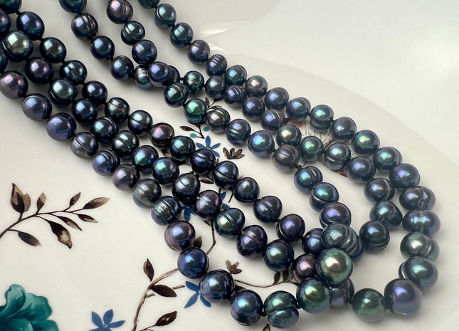 54 inch Handnotted 7-8mm Potato Freshwater Pearl Necklaces Dark Peacock OR Champagne, Genuine Pearl Long Bridal Necklace #306